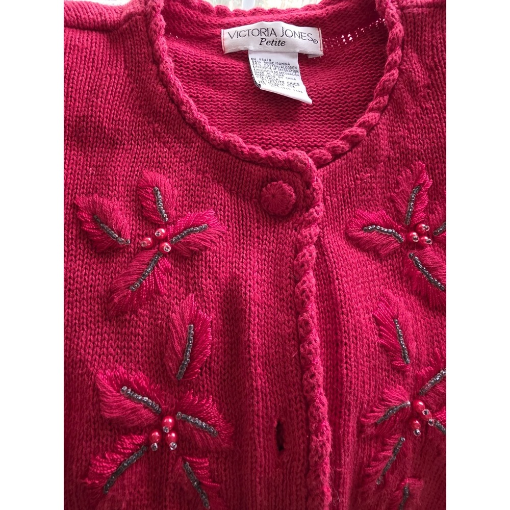 Victoria Jones Petite Red Beaded Embroidered Cardigan Sweater PS Vintage - Picture 8 of 12